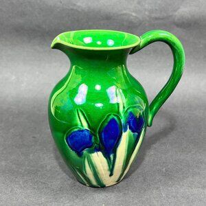 Antique Awaji Pottery Blue White Iris Green Pitcher Awaji Ware Glazed Japan